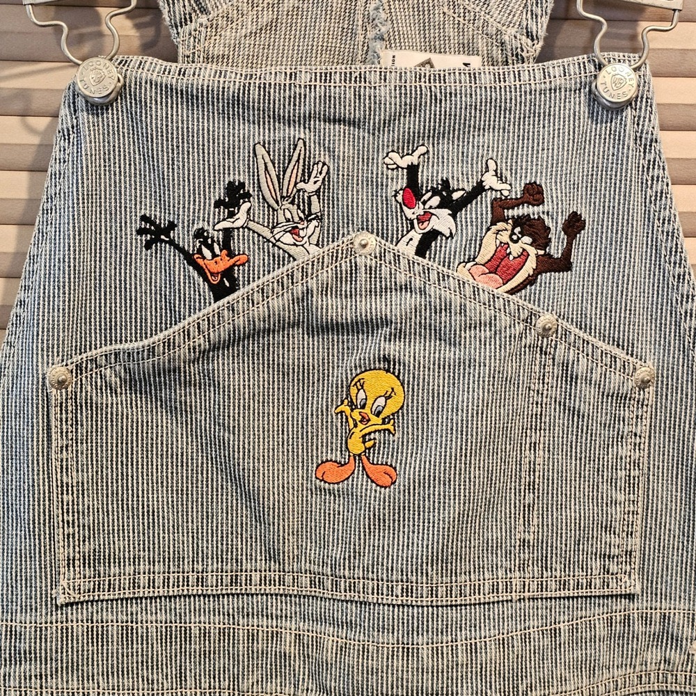 Vintage 1998 Warner Bros Looney Tunes Hickory Stripe Denim Overalls Adults M - Picture 8 of 9